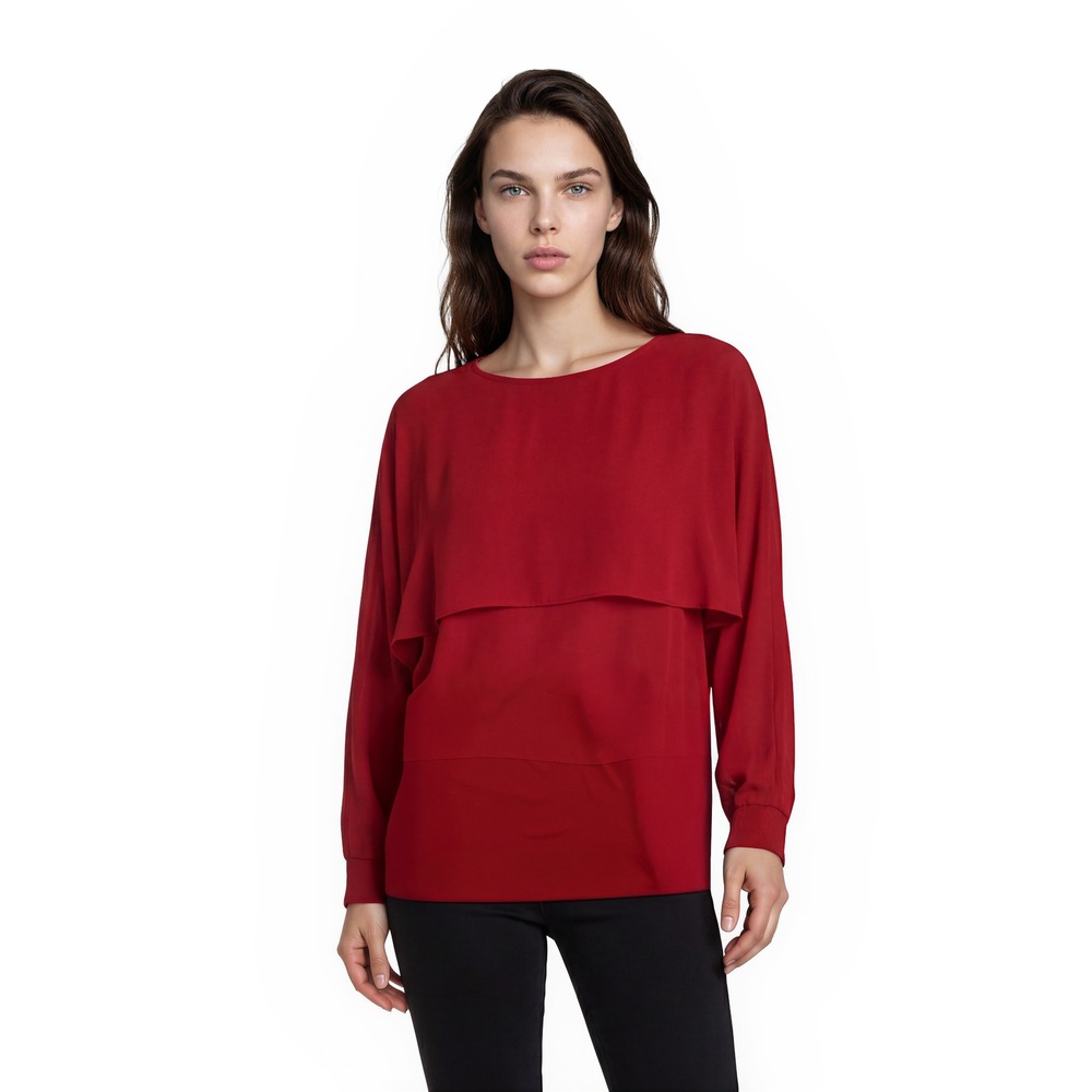 DKNY Red Layered Dolman Sleeve Blouse Women's Size Medium Smocked Cuff Top